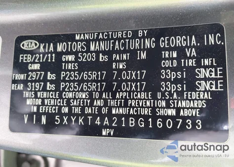 2011 Kia Sorento Lx V6 z USA, uszkodzony, nr VIN 5XYKT4A21BG160733